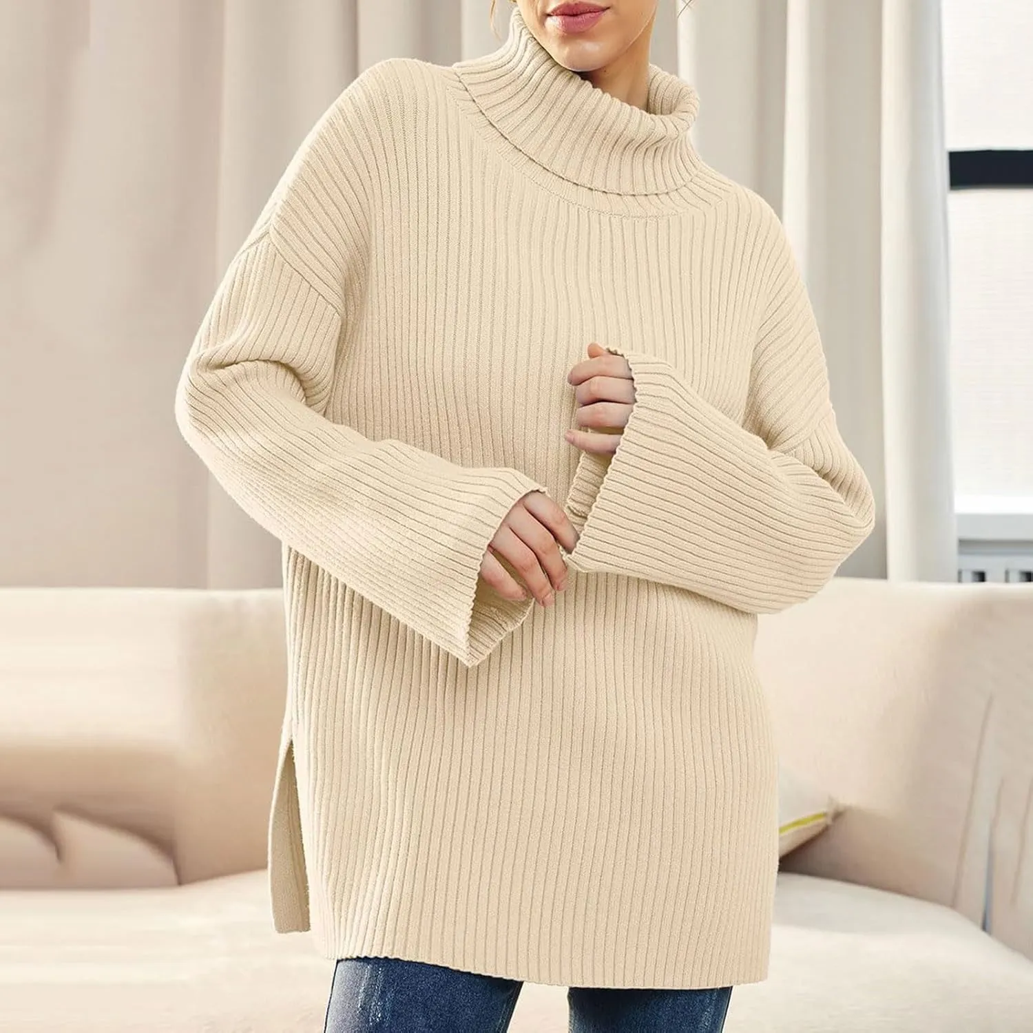 Women's Turtleneck Pullover Sweaters Oversized 2023 Fall Long Sleeve Spilt Hem Tunic Fashion Striped Ribbed Knit Tops