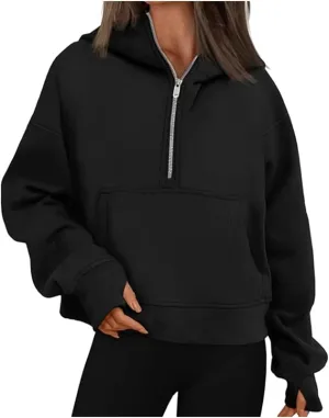 Womens Turtleneck Sweatshirts Solid Color Long Sleeve Pocket Casual Comfy Half Zip Cropped Pullover Fashion 2024