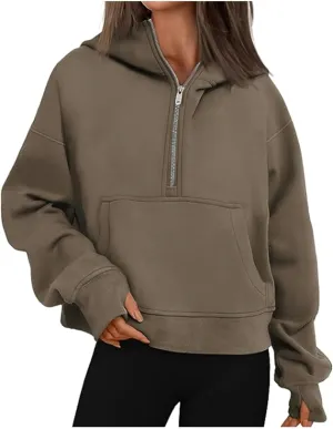Womens Turtleneck Sweatshirts Solid Color Long Sleeve Pocket Casual Comfy Half Zip Cropped Pullover Fashion 2024