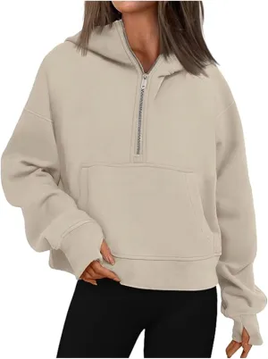 Womens Turtleneck Sweatshirts Solid Color Long Sleeve Pocket Casual Comfy Half Zip Cropped Pullover Fashion 2024