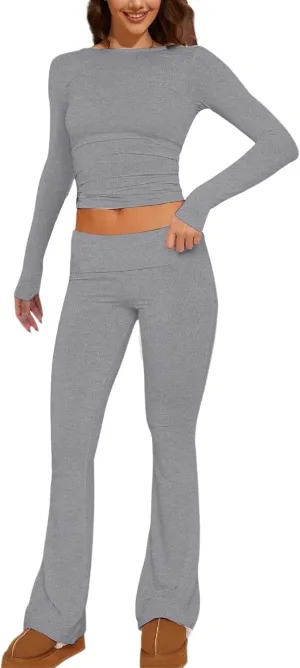 Women's Two Piece Sets Summer 2 Piece Sets Flare Pants Long Sleeve Cropped Top Casual Outfits Pajamas Sets, S-2XL