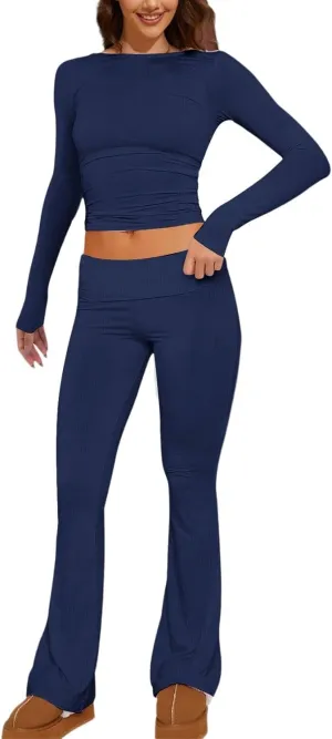 Women's Two Piece Sets Summer 2 Piece Sets Flare Pants Long Sleeve Cropped Top Casual Outfits Pajamas Sets, S-2XL