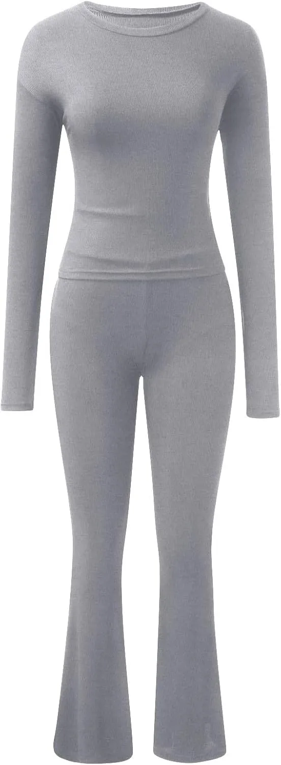 Women's Two Piece Sets Summer 2 Piece Sets Flare Pants Long Sleeve Cropped Top Casual Outfits Pajamas Sets, S-2XL