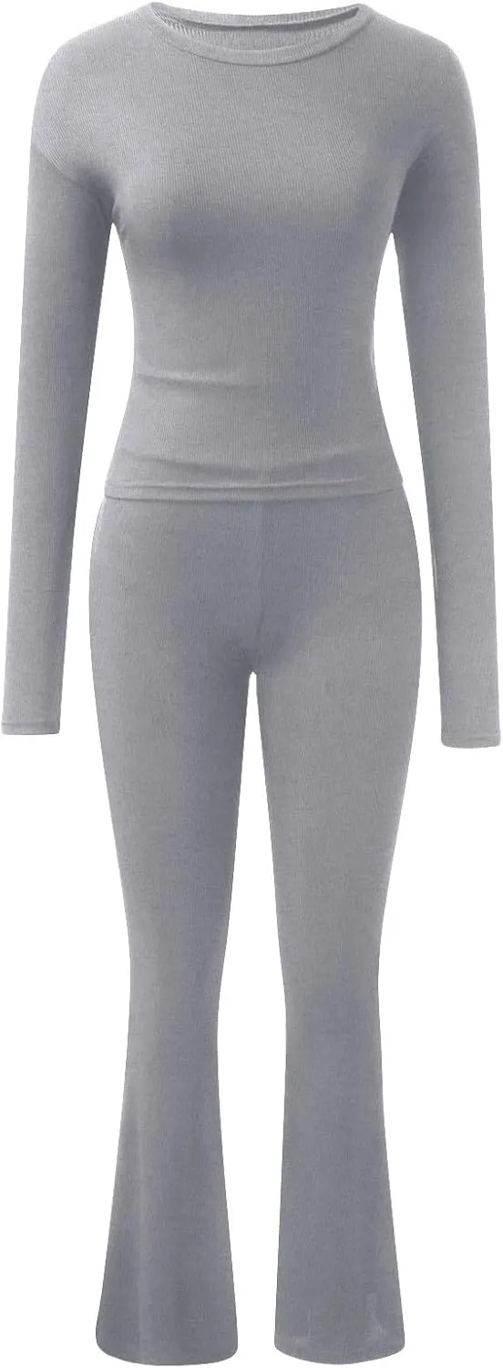 Women's Two Piece Sets Summer 2 Piece Sets Flare Pants Long Sleeve Cropped Top Casual Outfits Pajamas Sets, S-2XL