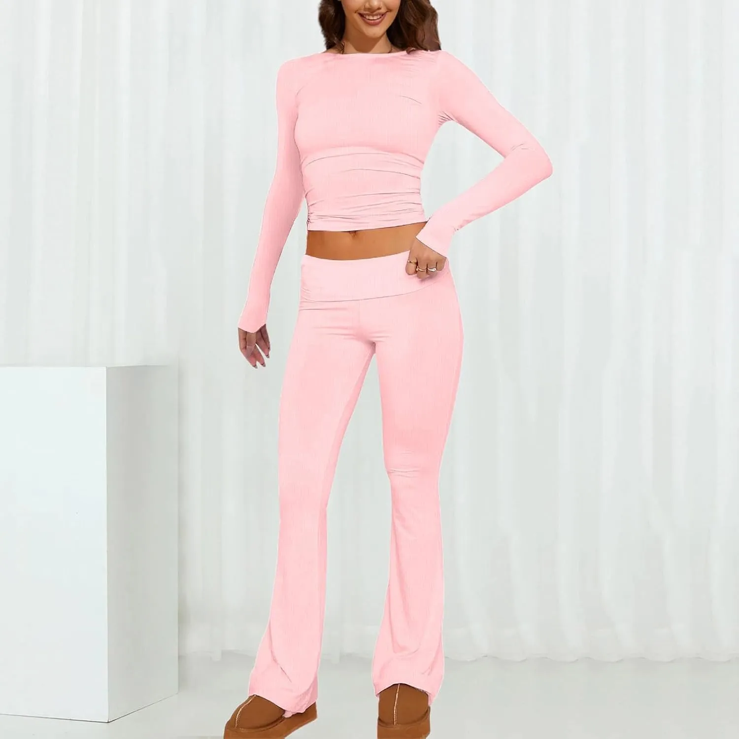 Women's Two Piece Sets Summer 2 Piece Sets Flare Pants Long Sleeve Cropped Top Casual Outfits Pajamas Sets, S-2XL