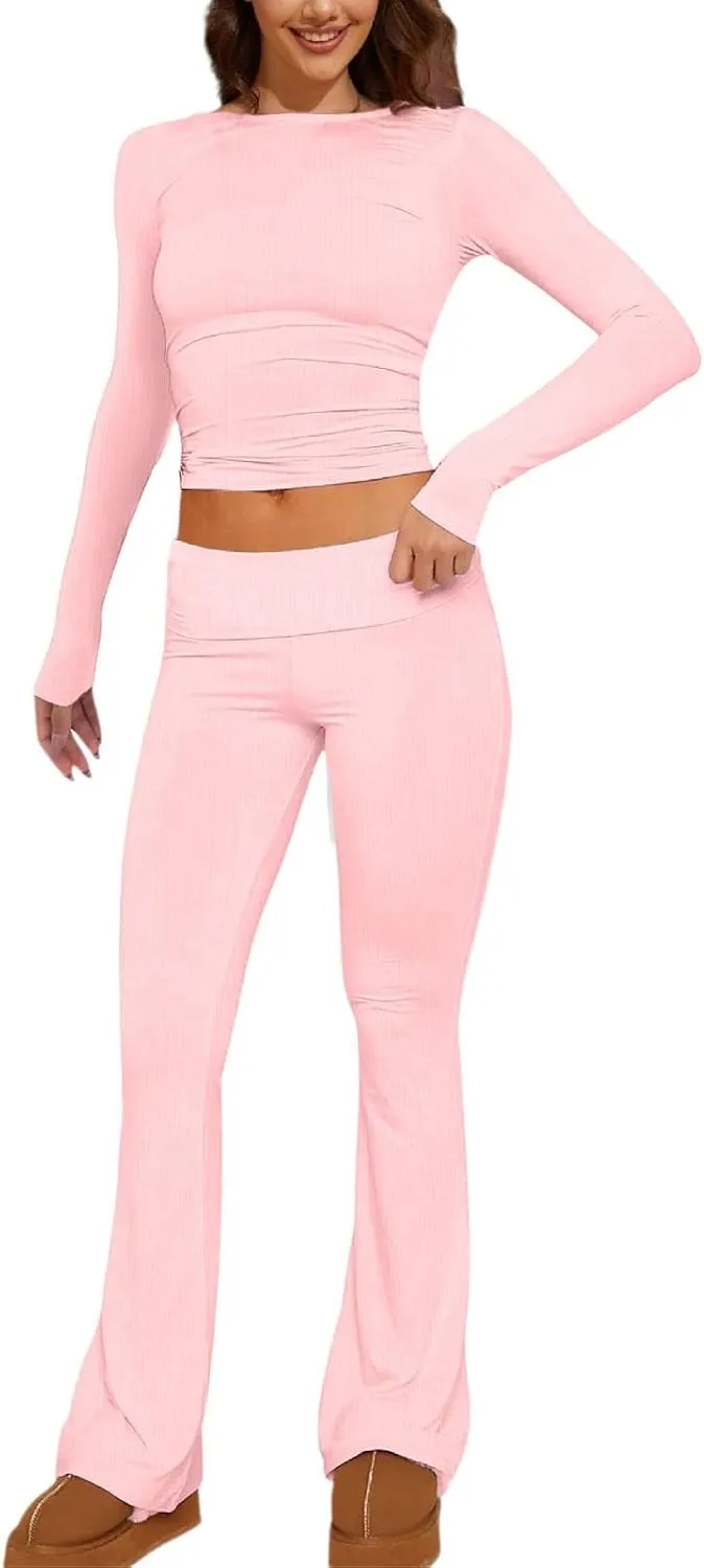 Women's Two Piece Sets Summer 2 Piece Sets Flare Pants Long Sleeve Cropped Top Casual Outfits Pajamas Sets, S-2XL