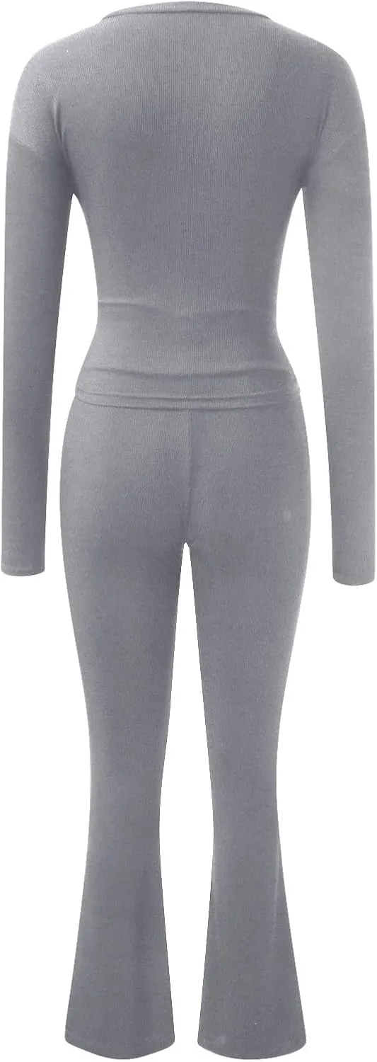 Women's Two Piece Sets Summer 2 Piece Sets Flare Pants Long Sleeve Cropped Top Casual Outfits Pajamas Sets, S-2XL