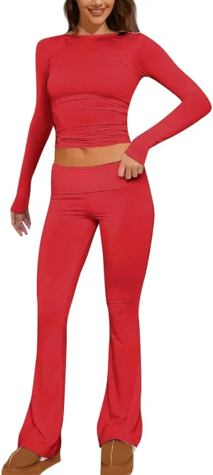 Women's Two Piece Sets Summer 2 Piece Sets Flare Pants Long Sleeve Cropped Top Casual Outfits Pajamas Sets, S-2XL