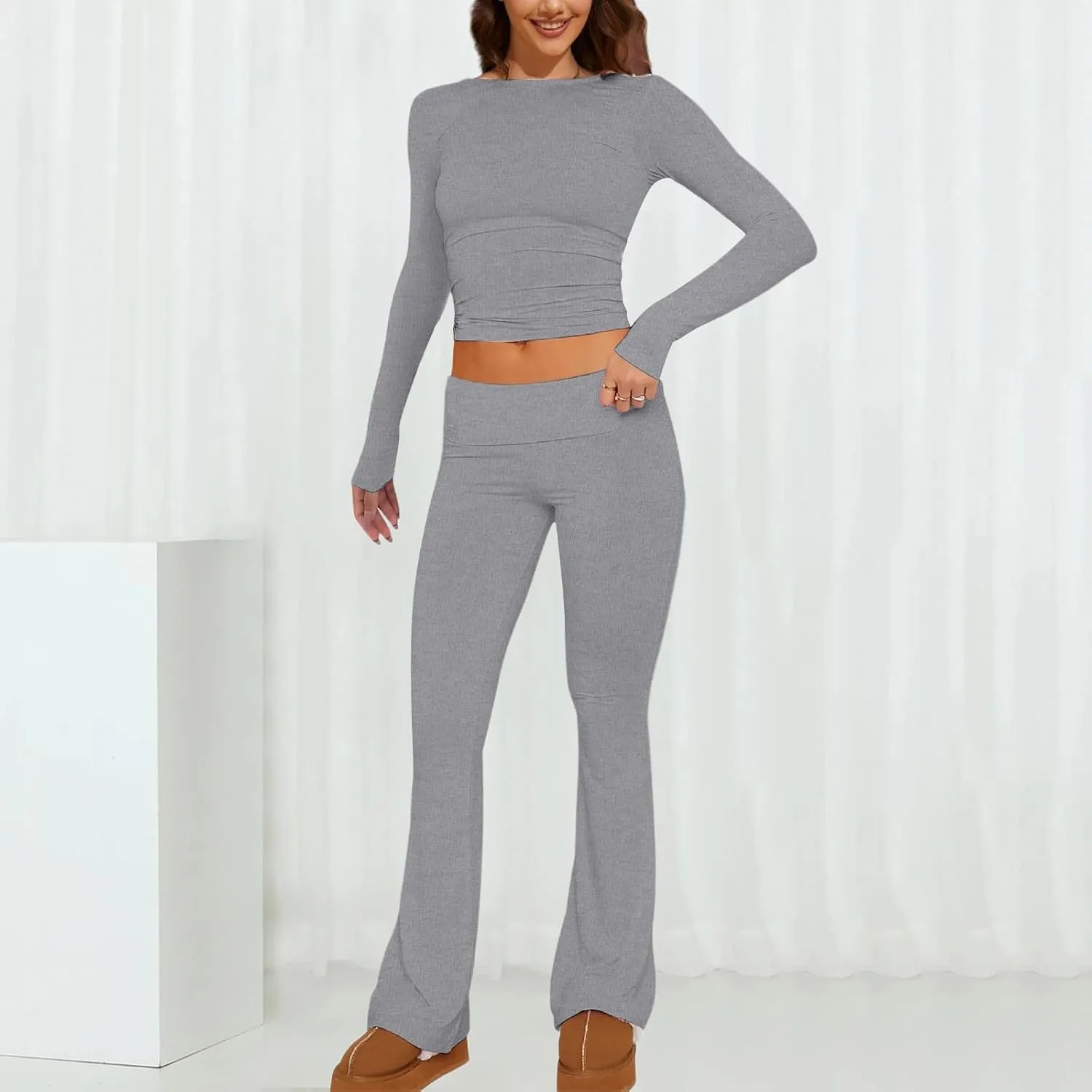 Women's Two Piece Sets Summer 2 Piece Sets Flare Pants Long Sleeve Cropped Top Casual Outfits Pajamas Sets, S-2XL