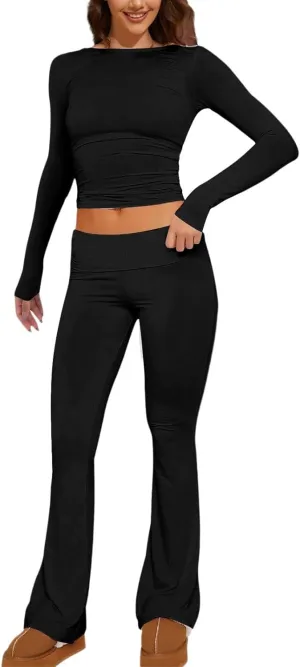 Women's Two Piece Sets Summer 2 Piece Sets Flare Pants Long Sleeve Cropped Top Casual Outfits Pajamas Sets, S-2XL