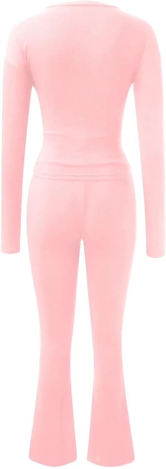 Women's Two Piece Sets Summer 2 Piece Sets Flare Pants Long Sleeve Cropped Top Casual Outfits Pajamas Sets, S-2XL