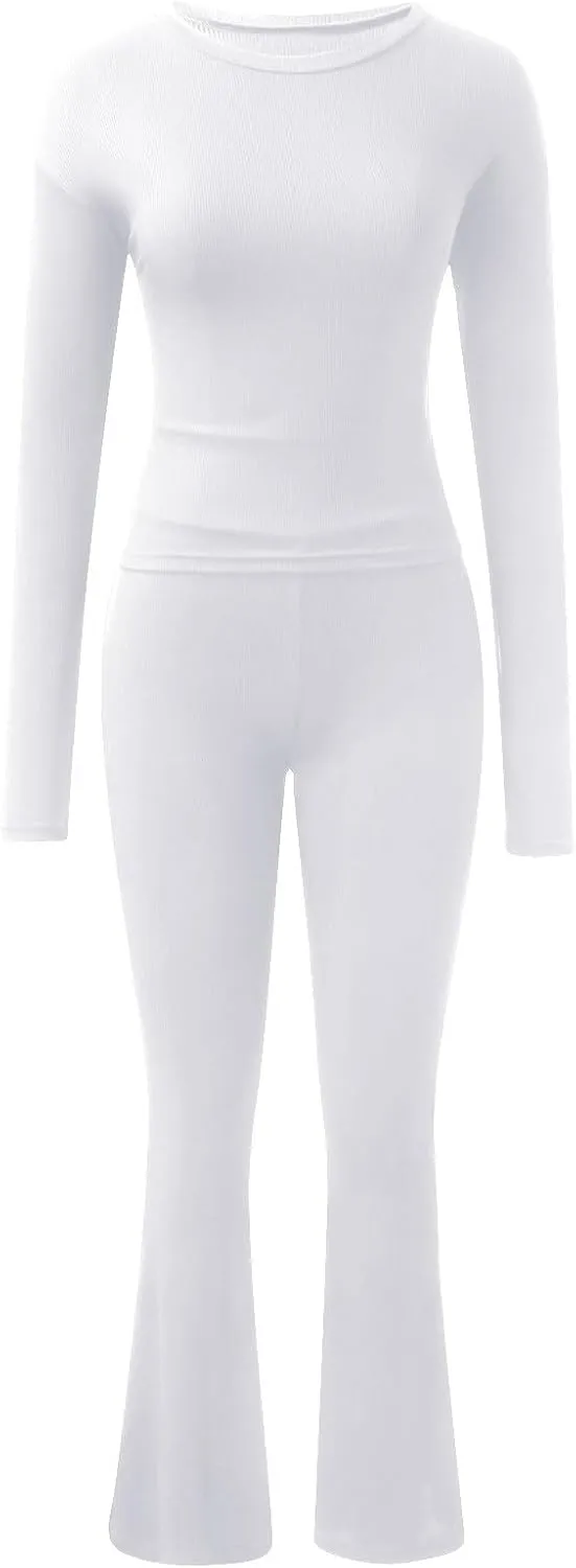 Women's Two Piece Sets Summer 2 Piece Sets Flare Pants Long Sleeve Cropped Top Casual Outfits Pajamas Sets, S-2XL