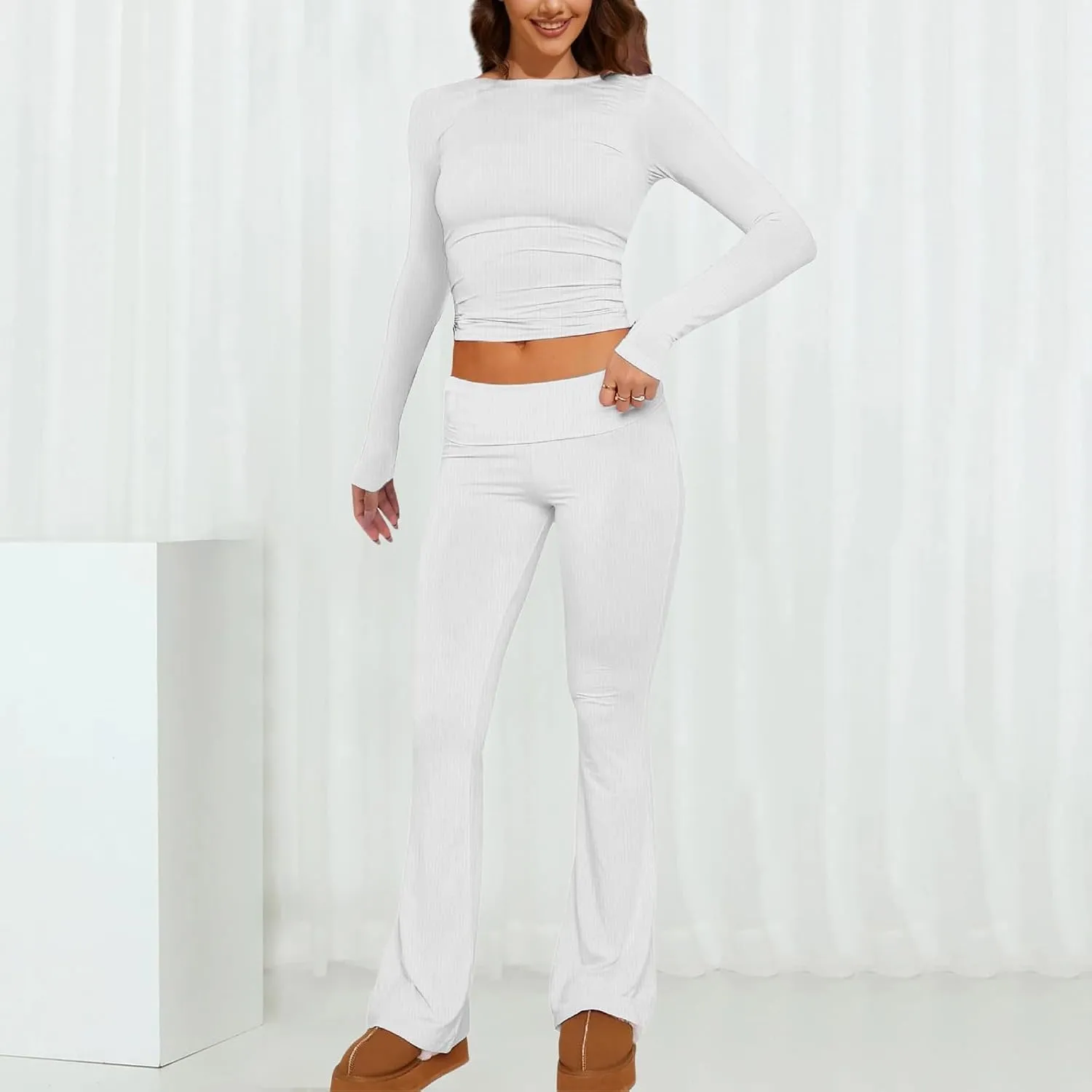 Women's Two Piece Sets Summer 2 Piece Sets Flare Pants Long Sleeve Cropped Top Casual Outfits Pajamas Sets, S-2XL