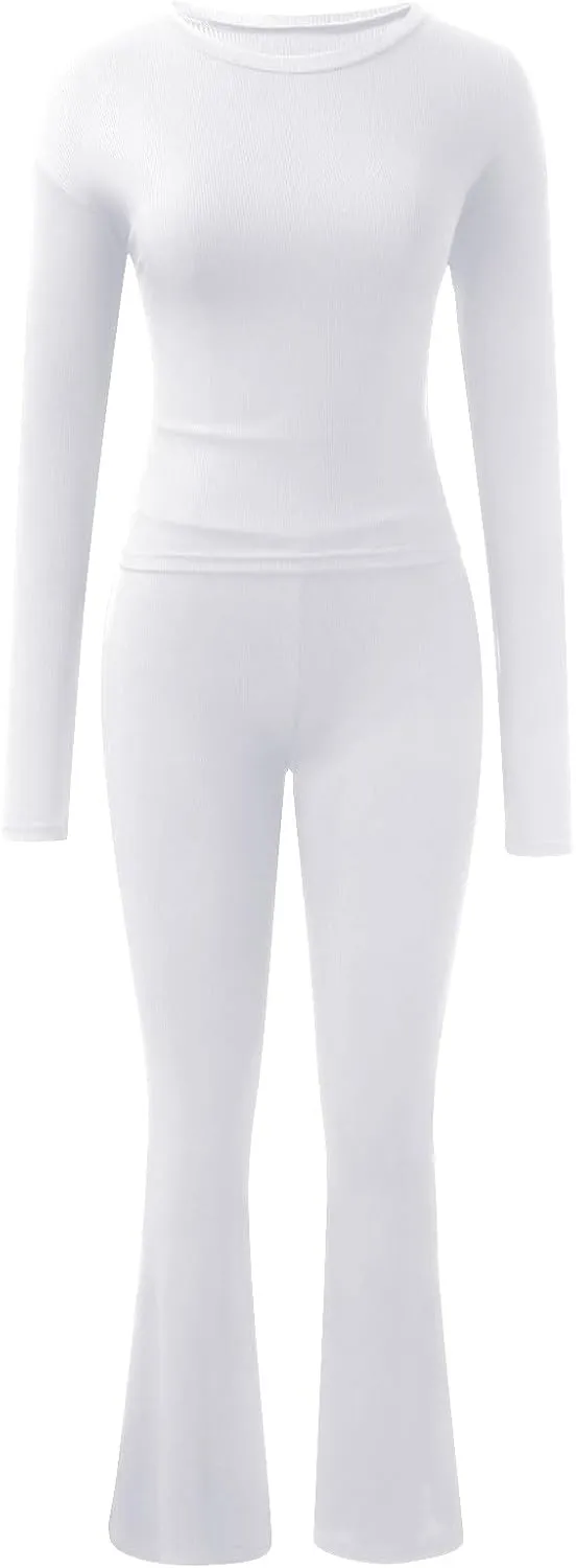 Women's Two Piece Sets Summer 2 Piece Sets Flare Pants Long Sleeve Cropped Top Casual Outfits Pajamas Sets, S-2XL