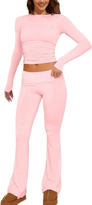 Women's Two Piece Sets Summer 2 Piece Sets Flare Pants Long Sleeve Cropped Top Casual Outfits Pajamas Sets, S-2XL