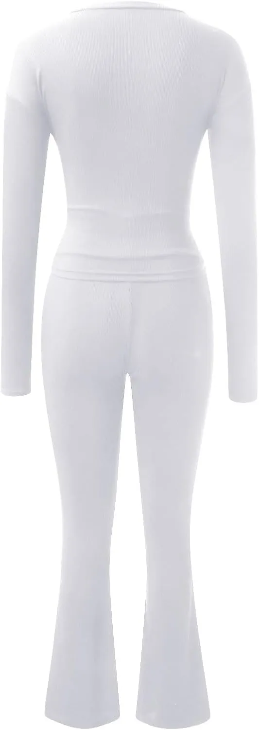 Women's Two Piece Sets Summer 2 Piece Sets Flare Pants Long Sleeve Cropped Top Casual Outfits Pajamas Sets, S-2XL
