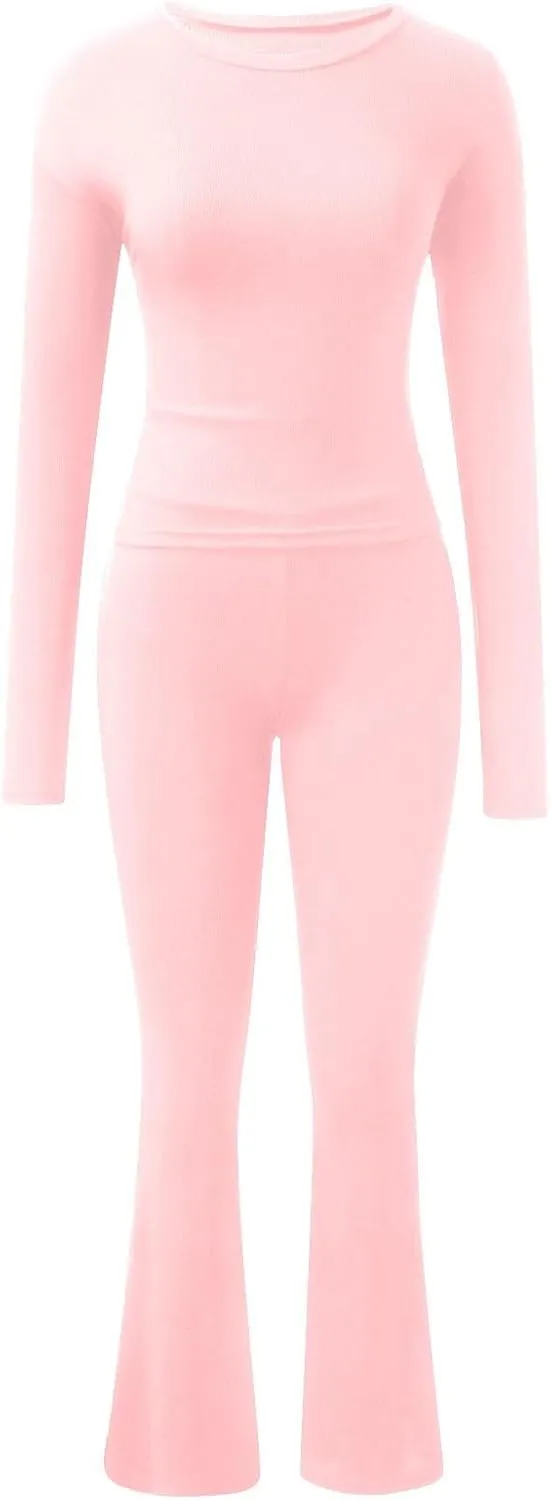 Women's Two Piece Sets Summer 2 Piece Sets Flare Pants Long Sleeve Cropped Top Casual Outfits Pajamas Sets, S-2XL