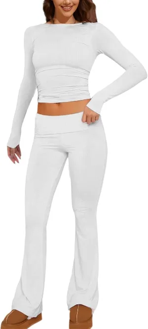 Women's Two Piece Sets Summer 2 Piece Sets Flare Pants Long Sleeve Cropped Top Casual Outfits Pajamas Sets, S-2XL