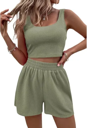 Womens Two Piece Summer Lounge Sets, Sleeveless Matching Crop Top & High Waisted Shorts, Cute and Stylish 2 Outfits