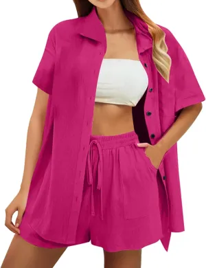 Women's Two Piece Summer Outfits Short Sleeve Shirt & Elastic Shorts Set Breathable Cotton Linen Lounge Wear
