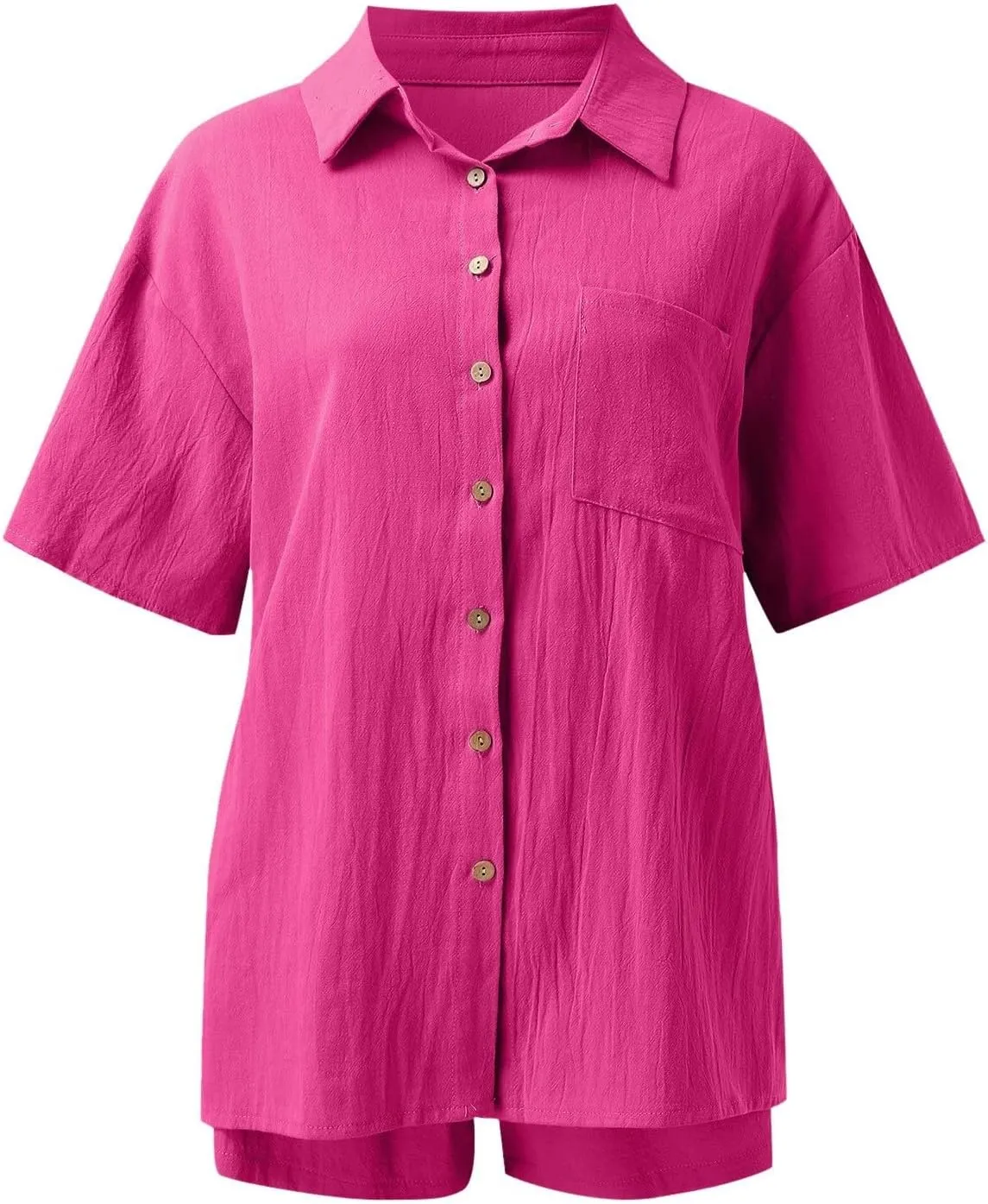 Women's Two Piece Summer Outfits Short Sleeve Shirt & Elastic Shorts Set Breathable Cotton Linen Lounge Wear