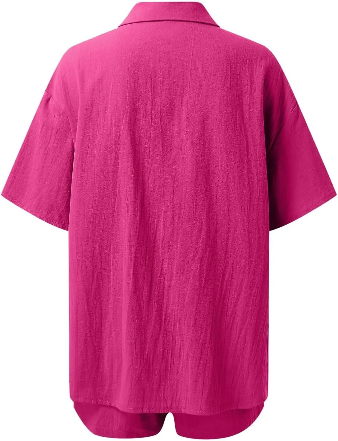 Women's Two Piece Summer Outfits Short Sleeve Shirt & Elastic Shorts Set Breathable Cotton Linen Lounge Wear