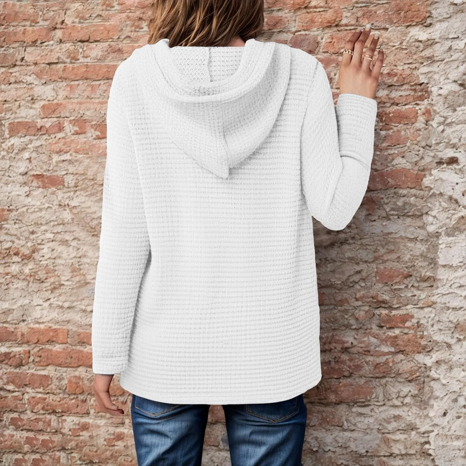Women's Waffle Knit Hoodies Drawstring Button V Neck Long Sleeve Pullovers Sweatshirts Casual Fall Hooded Tops
