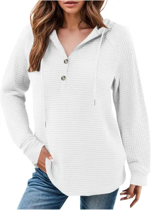 Women's Waffle Knit Hoodies Drawstring Button V Neck Long Sleeve Pullovers Sweatshirts Casual Fall Hooded Tops