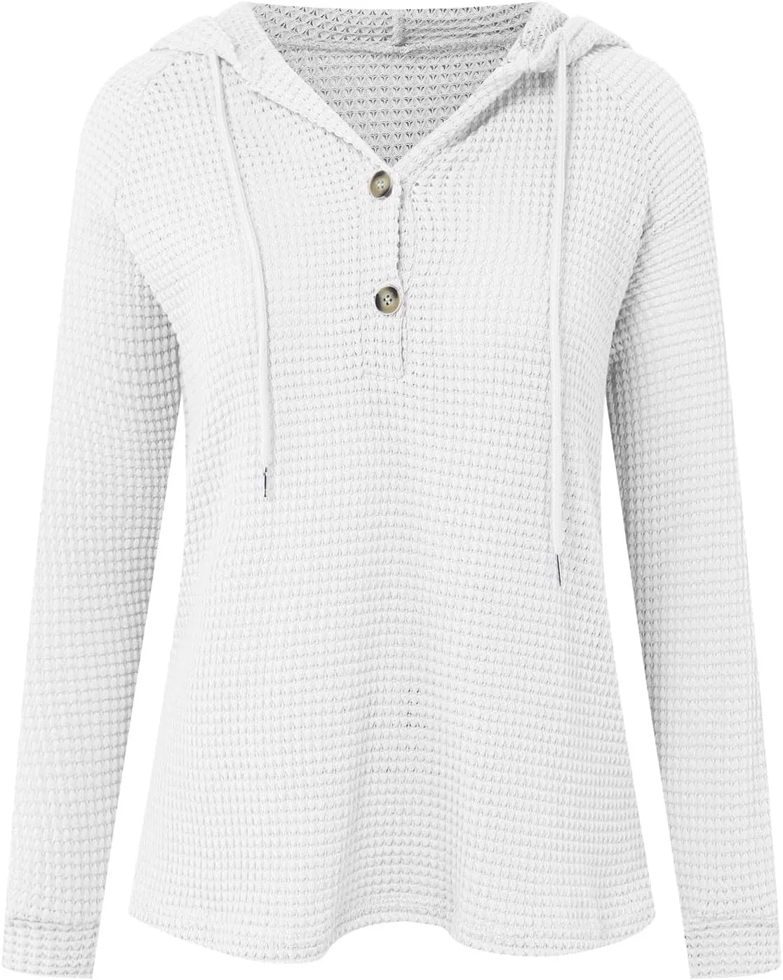 Women's Waffle Knit Hoodies Drawstring Button V Neck Long Sleeve Pullovers Sweatshirts Casual Fall Hooded Tops