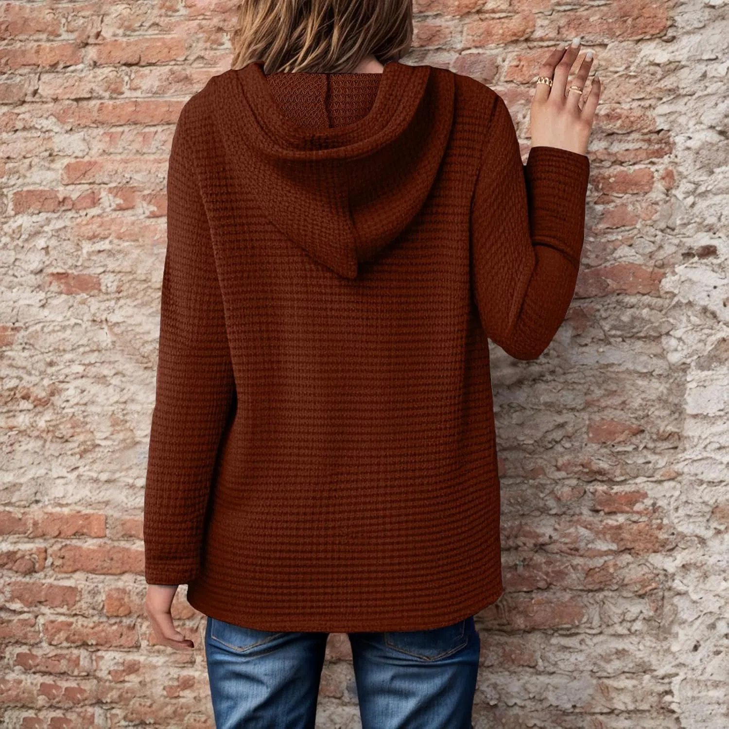 Women's Waffle Knit Hoodies Drawstring Button V Neck Long Sleeve Pullovers Sweatshirts Casual Fall Hooded Tops