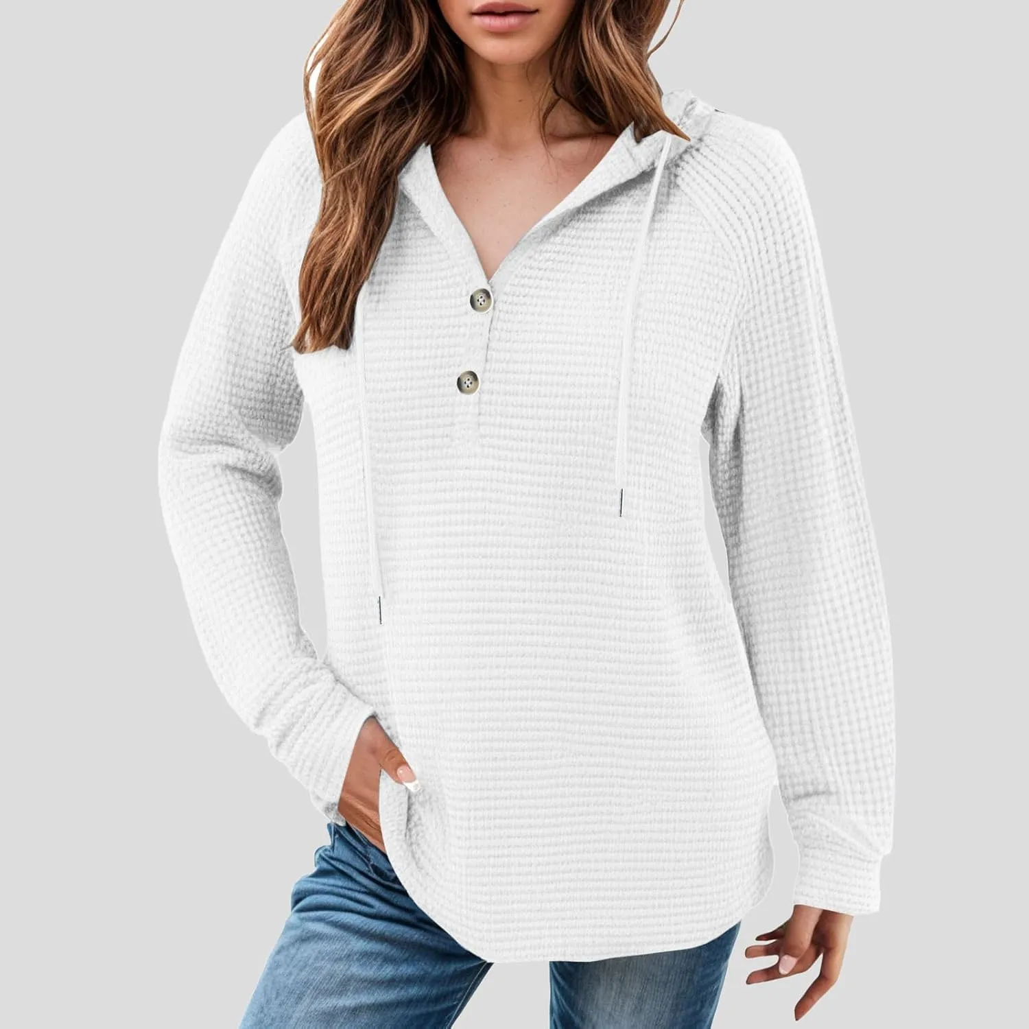 Women's Waffle Knit Hoodies Drawstring Button V Neck Long Sleeve Pullovers Sweatshirts Casual Fall Hooded Tops