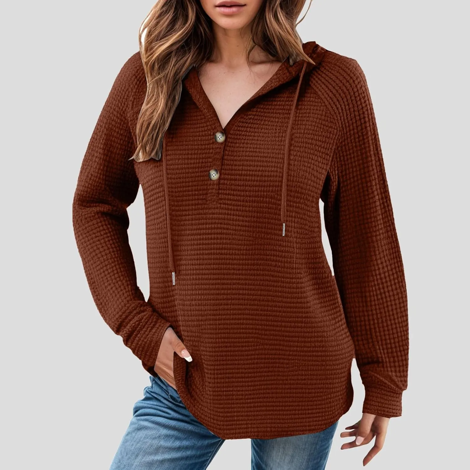 Women's Waffle Knit Hoodies Drawstring Button V Neck Long Sleeve Pullovers Sweatshirts Casual Fall Hooded Tops
