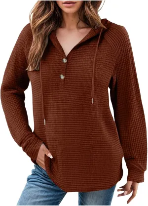 Women's Waffle Knit Hoodies Drawstring Button V Neck Long Sleeve Pullovers Sweatshirts Casual Fall Hooded Tops