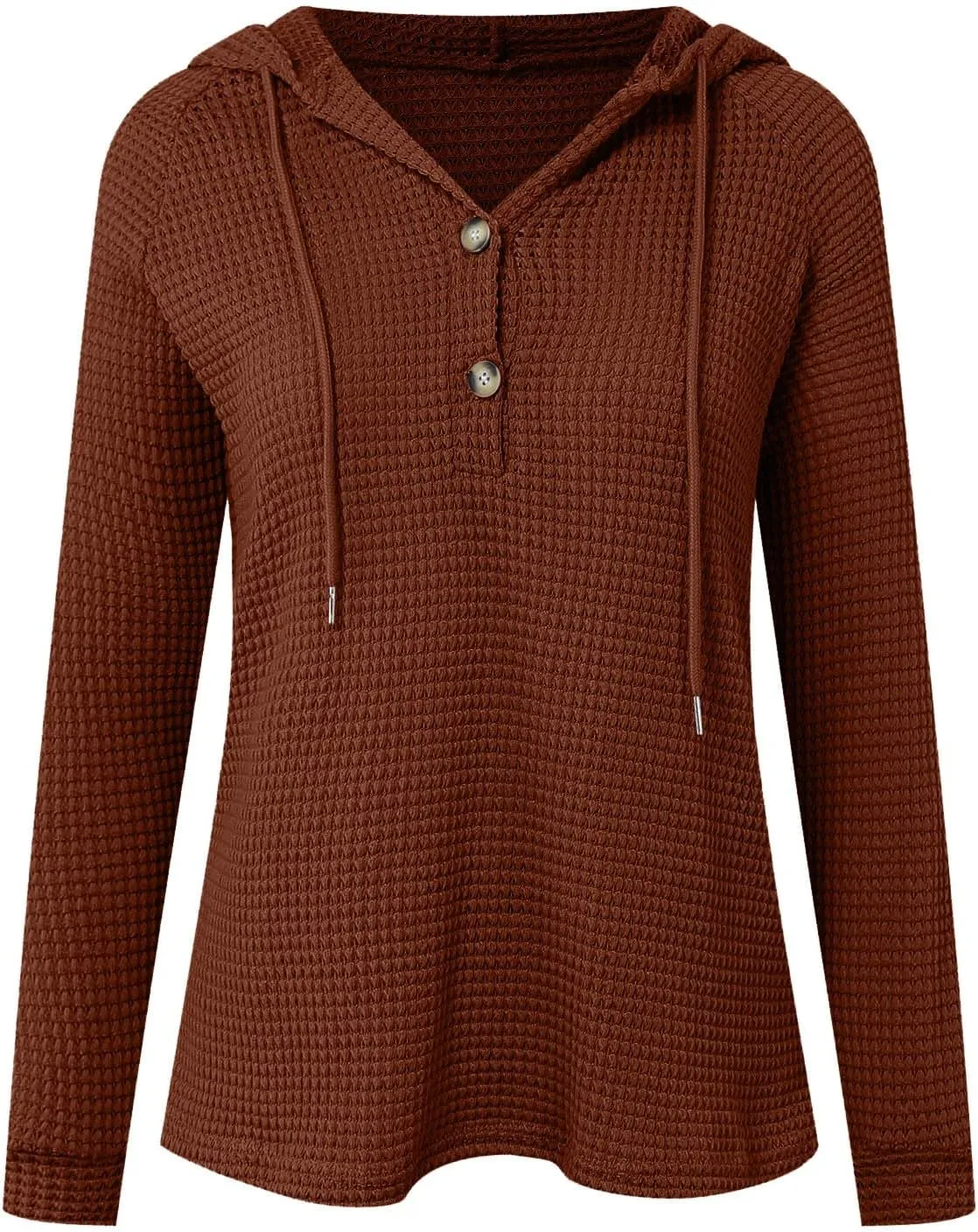 Women's Waffle Knit Hoodies Drawstring Button V Neck Long Sleeve Pullovers Sweatshirts Casual Fall Hooded Tops
