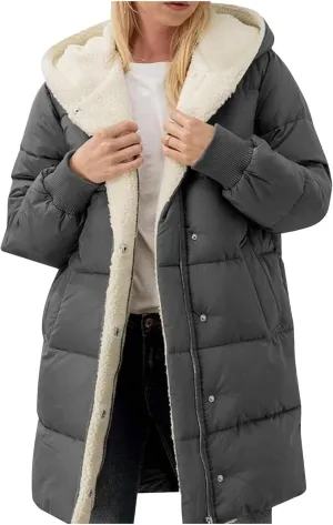 Womens Winter Temperament Zip Up Fleece Coat Hooded with Pockets Overcoat Casual Lightweight Warm Outwear Daily Clothes