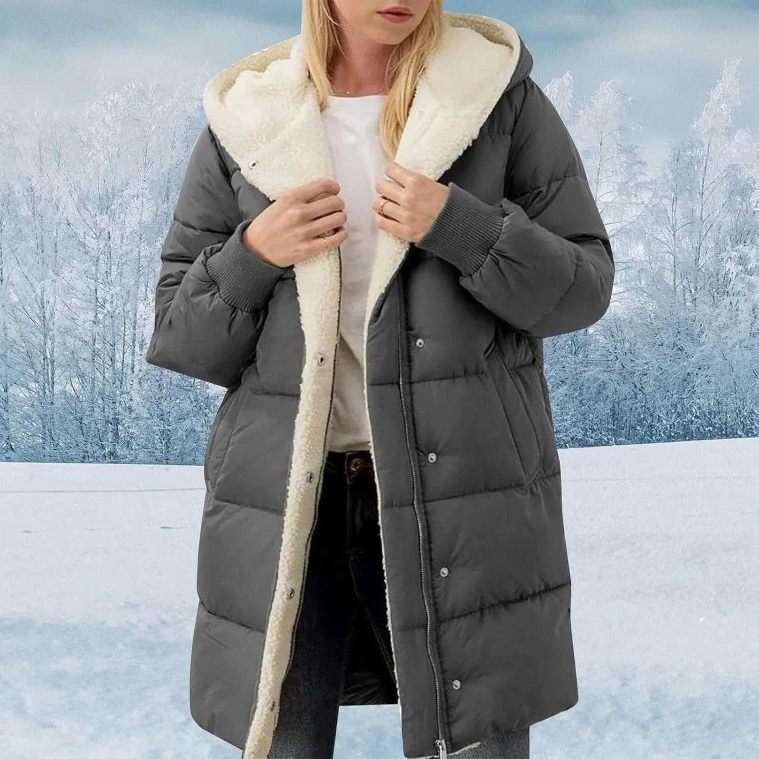 Womens Winter Temperament Zip Up Fleece Coat Hooded with Pockets Overcoat Casual Lightweight Warm Outwear Daily Clothes
