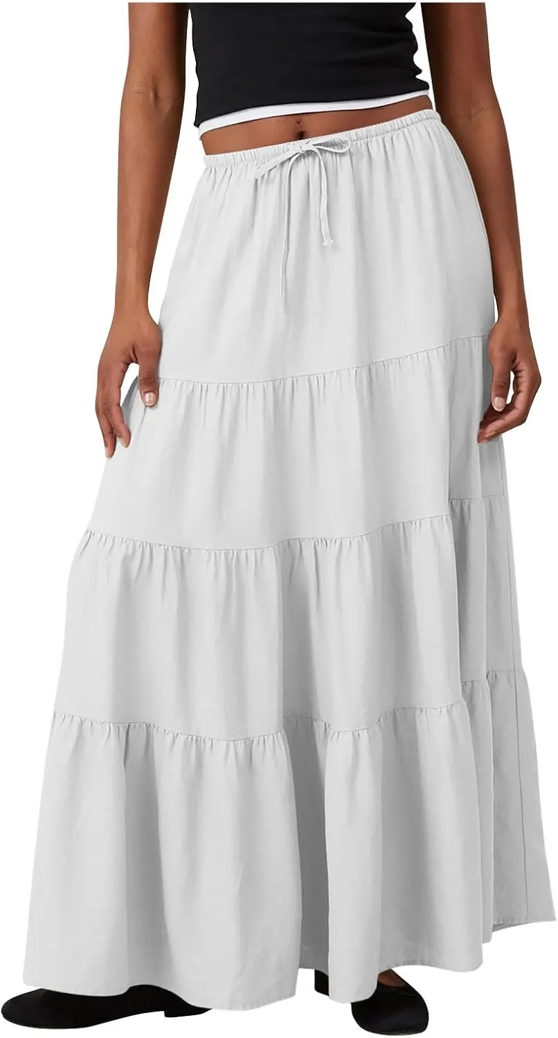 Xiaojmake Women Ruffle Boho Maxi Skirts High-Waist Drawstring Pleated Long Skirt Summer Casual A Line Flowy Skirts Beach Wear