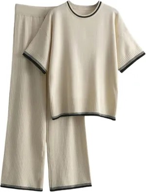 Xunger Womens 2 Piece Sweater Sets Outfits Short Sleeve Crewneck Knit Pullover Tops Wide Leg Pant Lounge Sets Tracksuits