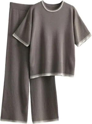 Xunger Womens 2 Piece Sweater Sets Outfits Short Sleeve Crewneck Knit Pullover Tops Wide Leg Pant Lounge Sets Tracksuits