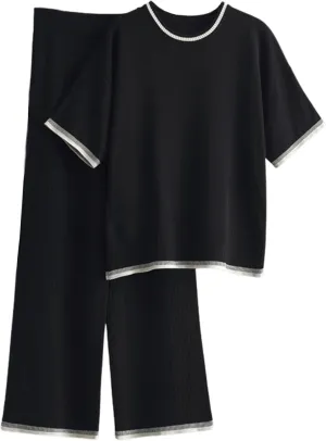 Xunger Womens 2 Piece Sweater Sets Outfits Short Sleeve Crewneck Knit Pullover Tops Wide Leg Pant Lounge Sets Tracksuits
