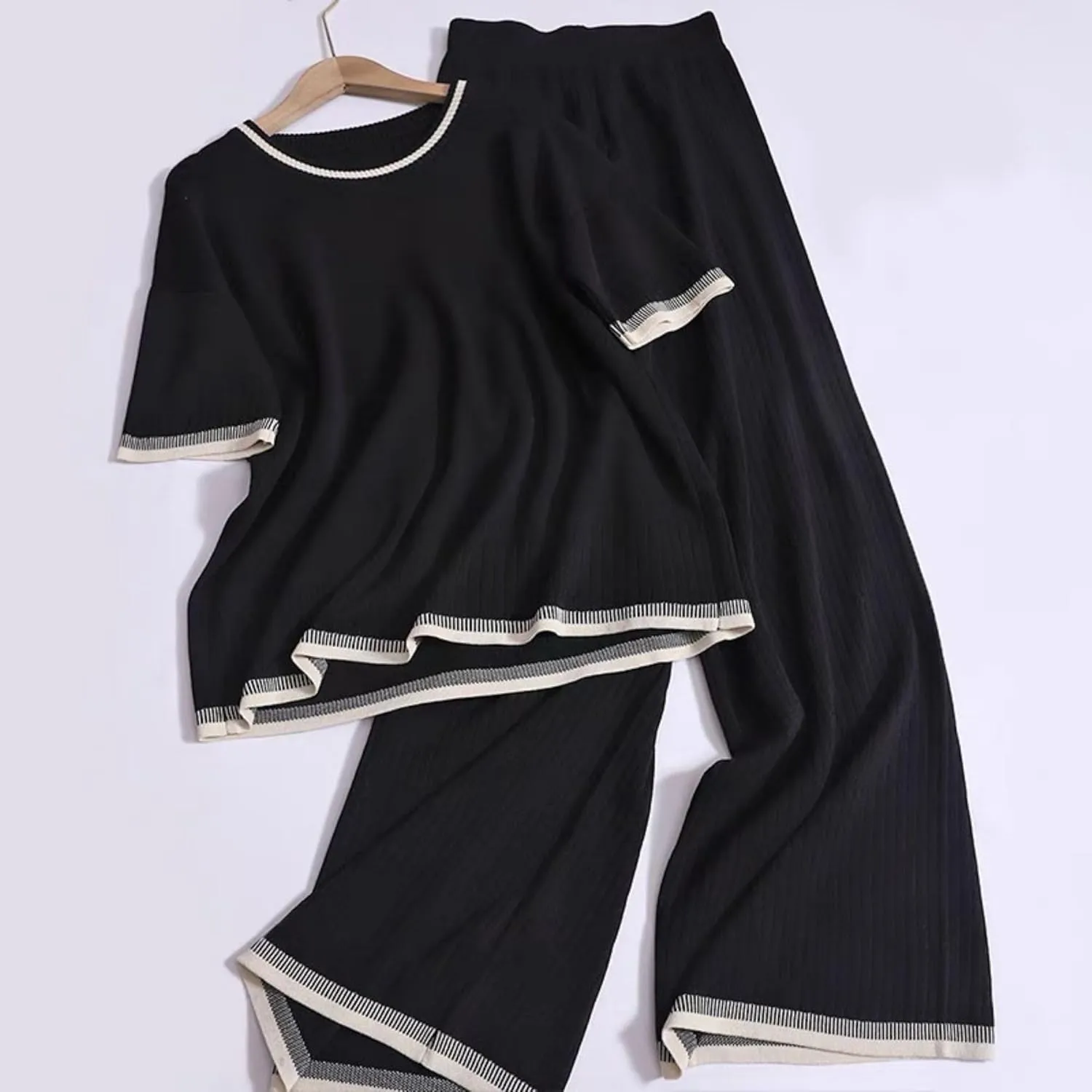 Xunger Womens 2 Piece Sweater Sets Outfits Short Sleeve Crewneck Knit Pullover Tops Wide Leg Pant Lounge Sets Tracksuits
