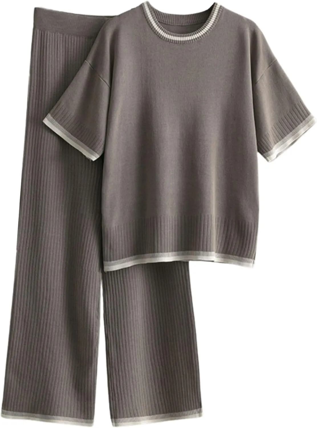 Xunger Womens 2 Piece Sweater Sets Outfits Short Sleeve Crewneck Knit Pullover Tops Wide Leg Pant Lounge Sets Tracksuits