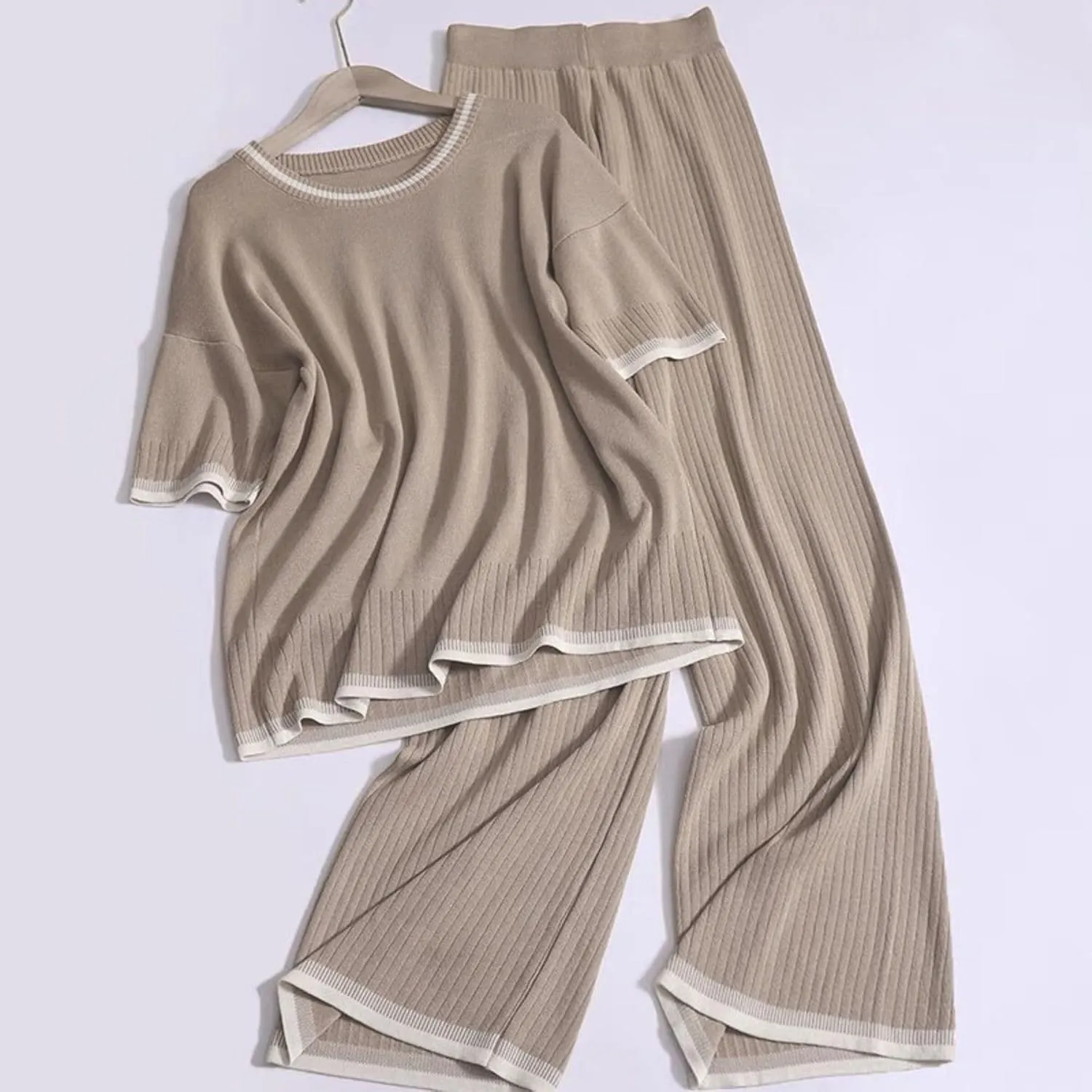 Xunger Womens 2 Piece Sweater Sets Outfits Short Sleeve Crewneck Knit Pullover Tops Wide Leg Pant Lounge Sets Tracksuits