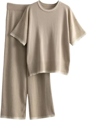 Xunger Womens 2 Piece Sweater Sets Outfits Short Sleeve Crewneck Knit Pullover Tops Wide Leg Pant Lounge Sets Tracksuits