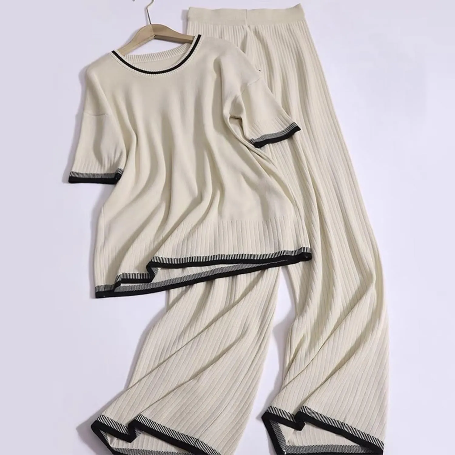 Xunger Womens 2 Piece Sweater Sets Outfits Short Sleeve Crewneck Knit Pullover Tops Wide Leg Pant Lounge Sets Tracksuits