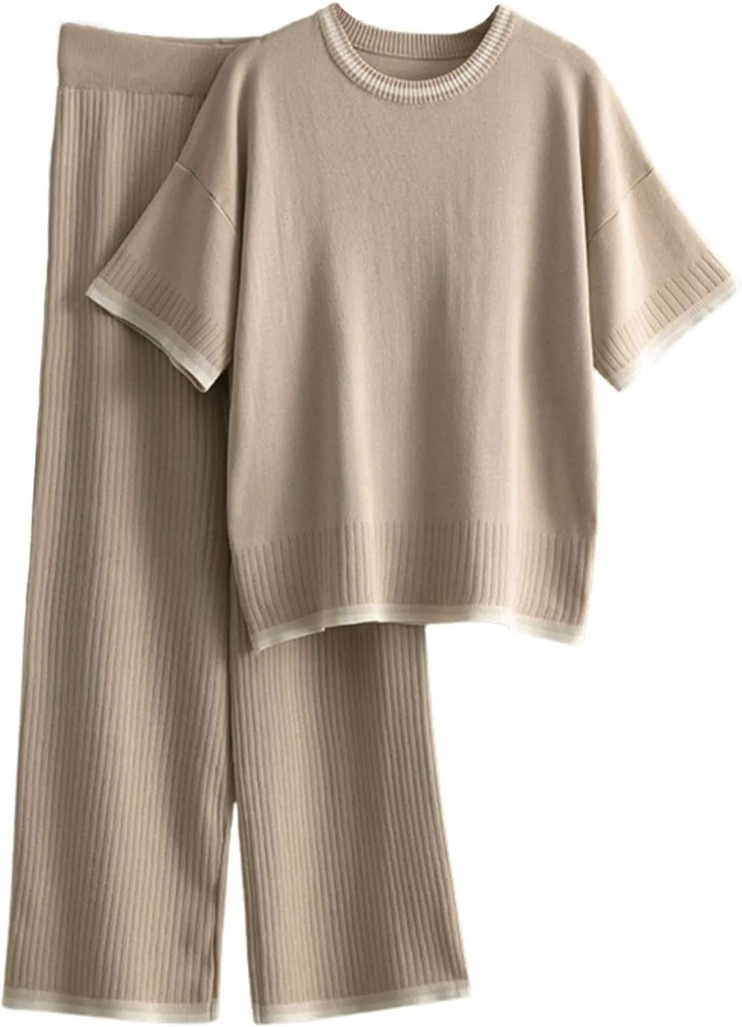 Xunger Womens 2 Piece Sweater Sets Outfits Short Sleeve Crewneck Knit Pullover Tops Wide Leg Pant Lounge Sets Tracksuits