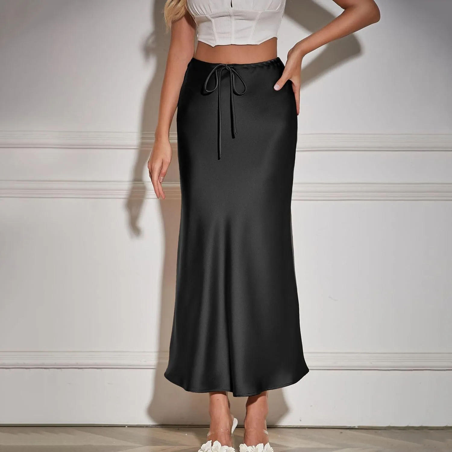Yesunpxs Women's Satin Maxi-Skirts 2025 Summer Trendy High Waist Drawstring Elastic Skirts Casual Soild A-Line Long Skirt