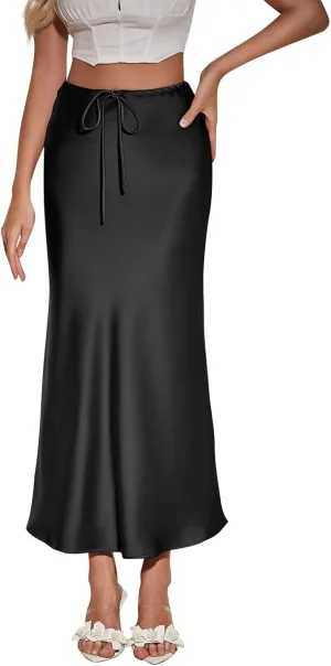 Yesunpxs Women's Satin Maxi-Skirts 2025 Summer Trendy High Waist Drawstring Elastic Skirts Casual Soild A-Line Long Skirt