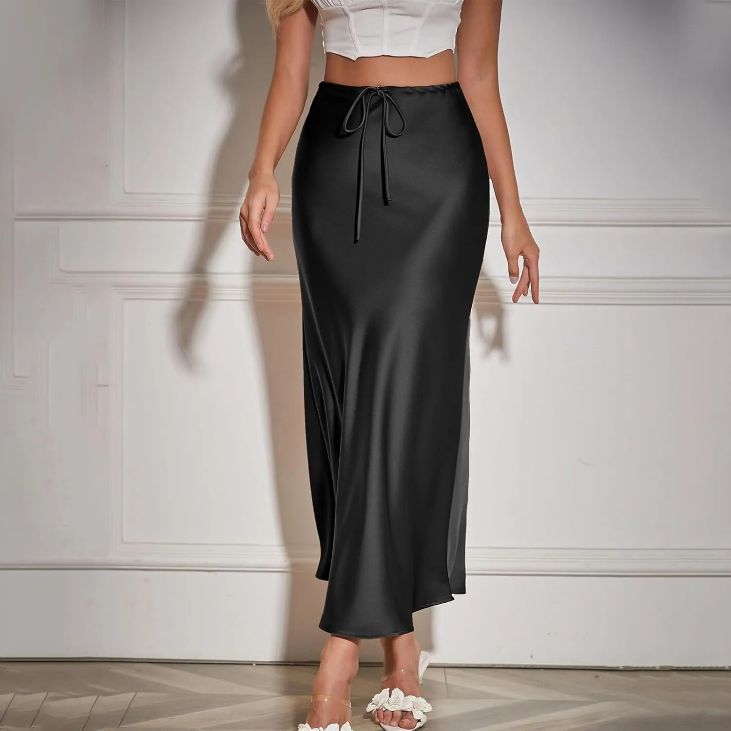 Yesunpxs Women's Satin Maxi-Skirts 2025 Summer Trendy High Waist Drawstring Elastic Skirts Casual Soild A-Line Long Skirt