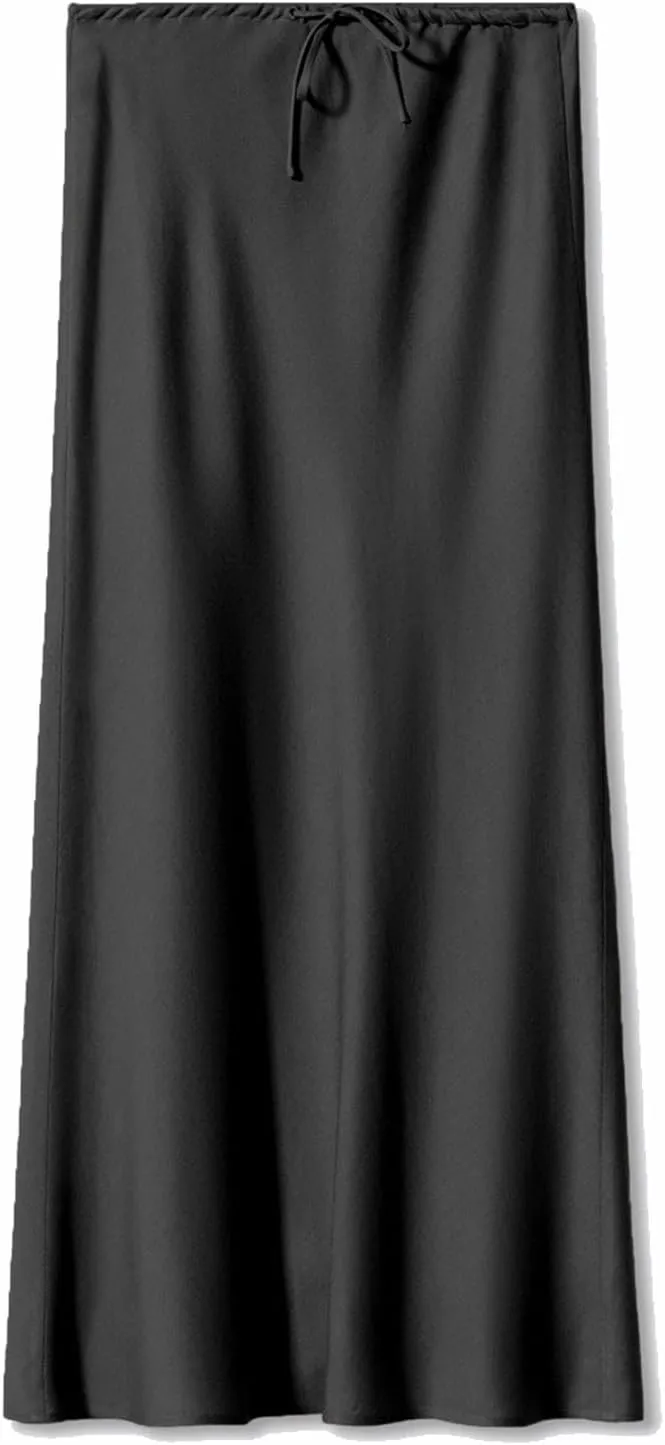 Yesunpxs Women's Satin Maxi-Skirts 2025 Summer Trendy High Waist Drawstring Elastic Skirts Casual Soild A-Line Long Skirt